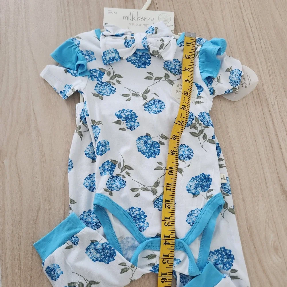 Milkberry Baby Girls 6-9M Blue Hydrangea Bamboo 3 Piece Bodysuit Legging Set NWT